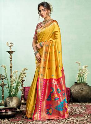 Yellow silk blend peacock motifs weaving paithani saree 2