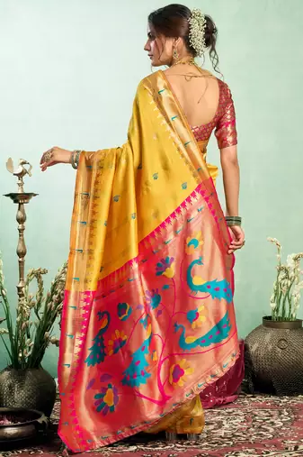 Yellow silk blend peacock motifs weaving paithani saree