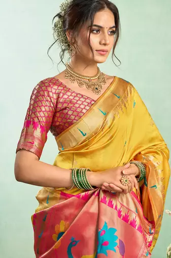 Yellow silk blend peacock motifs weaving paithani saree