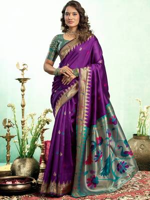 Purple silk blend peacock motifs weaving paithani saree 1