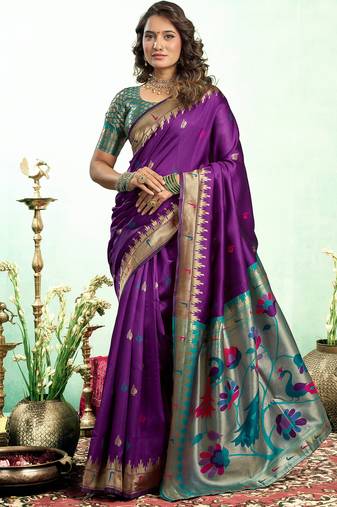 Purple silk blend peacock motifs weaving paithani saree