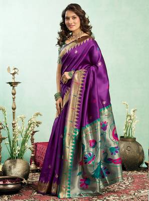 Purple silk blend peacock motifs weaving paithani saree 2
