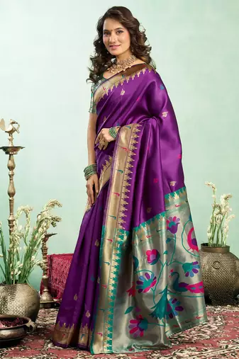 Purple silk blend peacock motifs weaving paithani saree