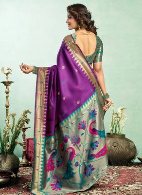 Purple silk blend peacock motifs weaving paithani saree 4