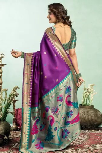 Purple silk blend peacock motifs weaving paithani saree