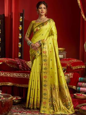 Lime green silk floral motifs woven work paithani saree 1