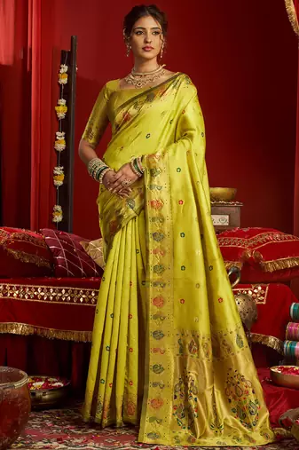 Lime green silk floral motifs woven work paithani saree