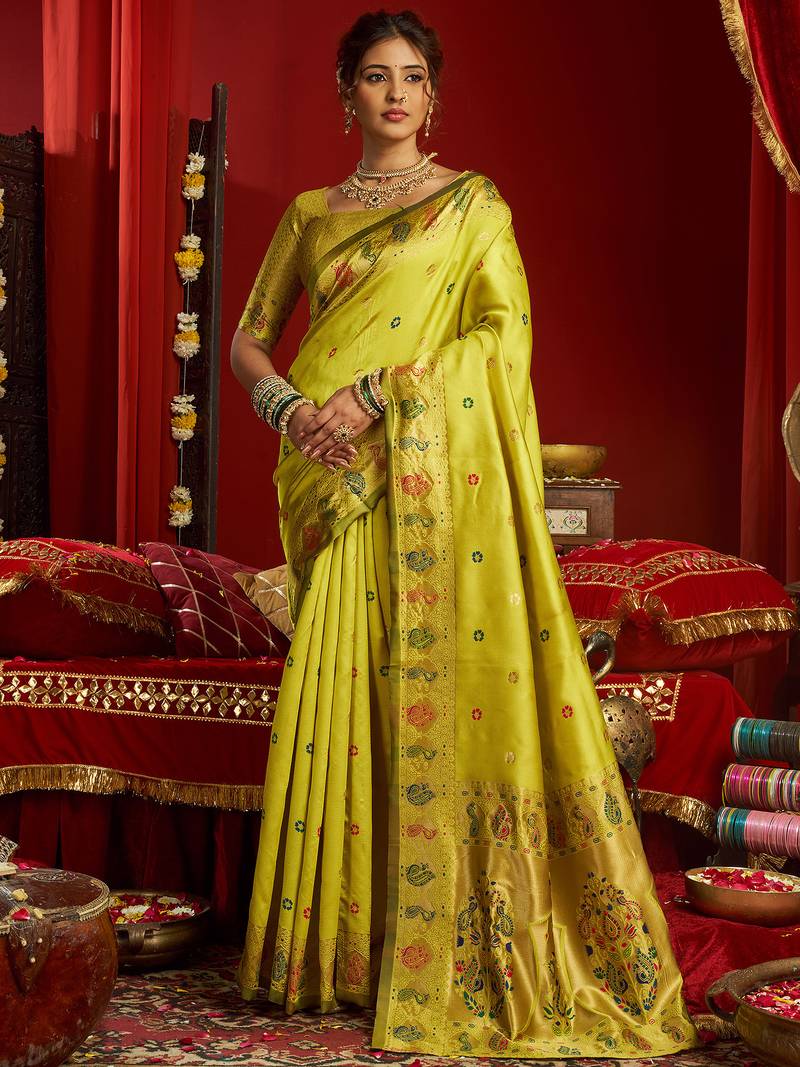 Lime green silk floral motifs woven work paithani saree