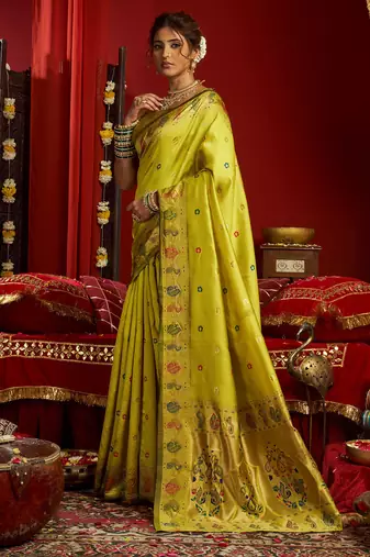Lime green silk floral motifs woven work paithani saree