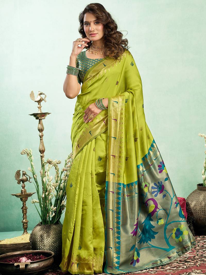 Lime green silk blend peacock motifs weaving paithani saree