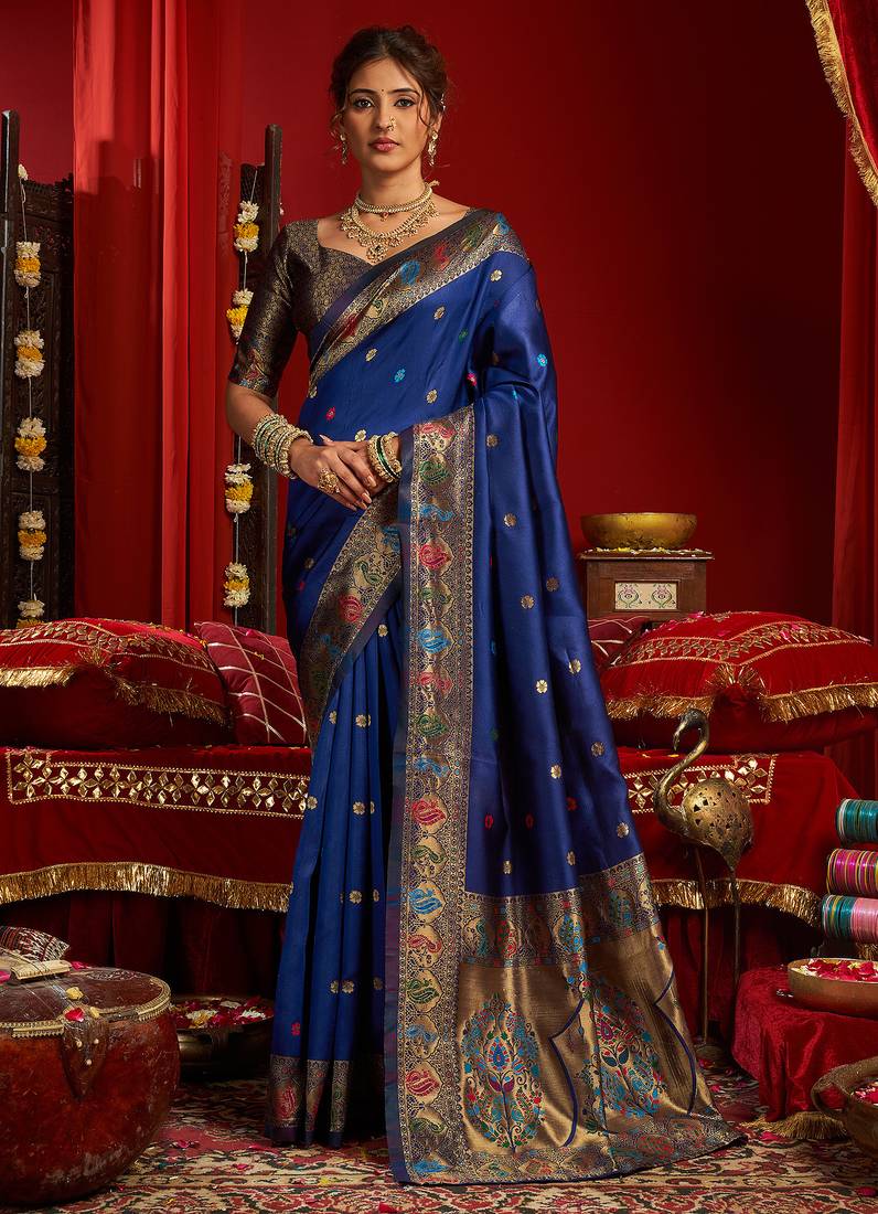 Royal blue silk floral motifs woven work paithani saree