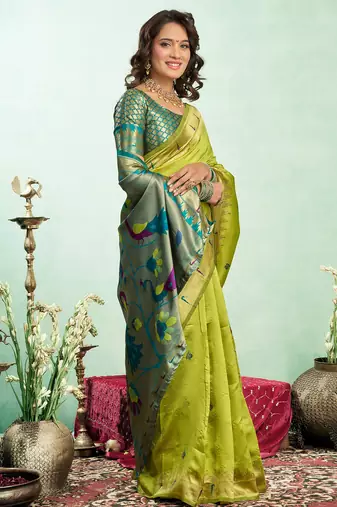 Lime green silk blend peacock motifs weaving paithani saree