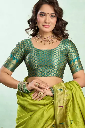 Lime green silk blend peacock motifs weaving paithani saree