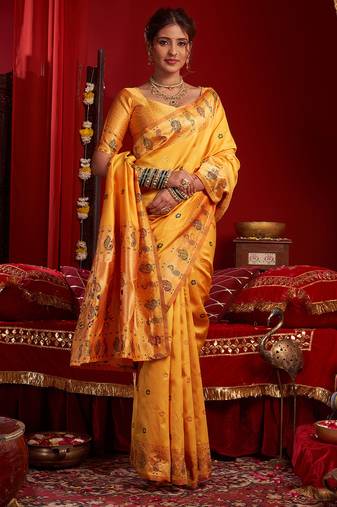Light orange silk floral motifs woven work paithani saree