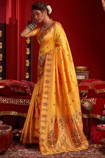Light orange silk floral motifs woven work paithani saree