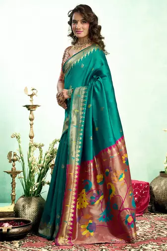 Dark green silk blend peacock motifs weaving paithani saree