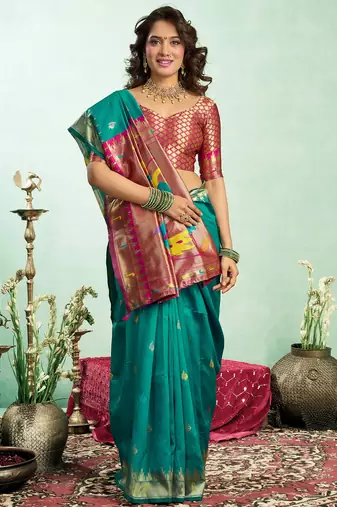 Dark green silk blend peacock motifs weaving paithani saree