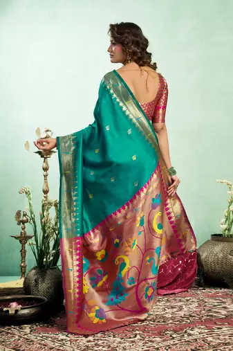 Dark green silk blend peacock motifs weaving paithani saree