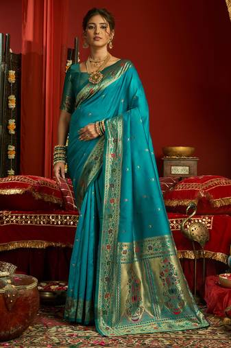 Aqua blue silk floral motifs woven work paithani saree