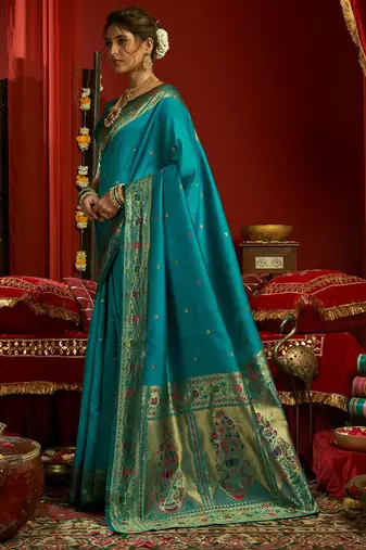 Aqua blue silk floral motifs woven work paithani saree