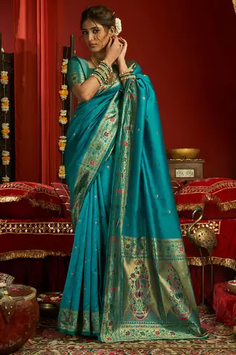 Aqua blue silk floral motifs woven work paithani saree