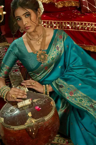 Aqua blue silk floral motifs woven work paithani saree