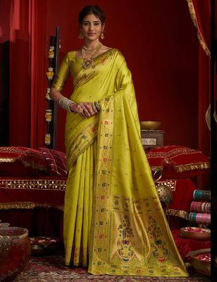Lime green silk floral motifs woven work paithani saree 1