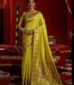 Lime green silk floral motifs woven work paithani saree