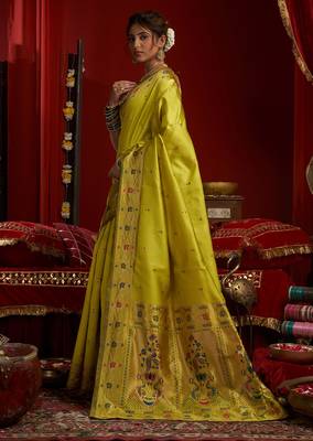 Lime green silk floral motifs woven work paithani saree 2
