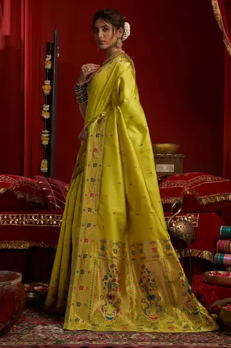 Lime green silk floral motifs woven work paithani saree