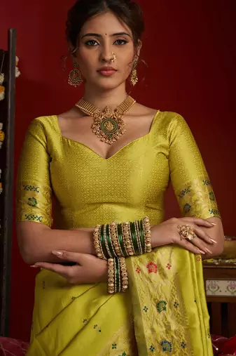 Lime green silk floral motifs woven work paithani saree