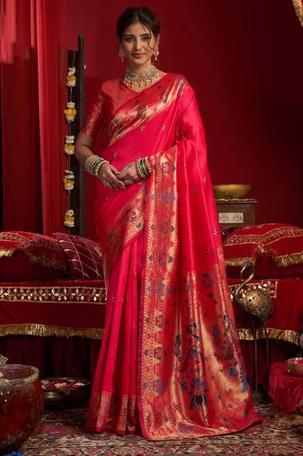 Cerise pink silk butti motifs woven work paithani saree