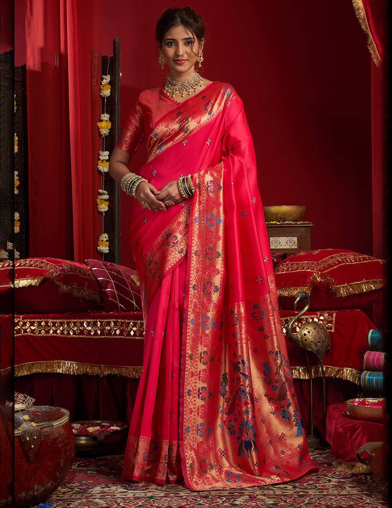Cerise pink silk butti motifs woven work paithani saree