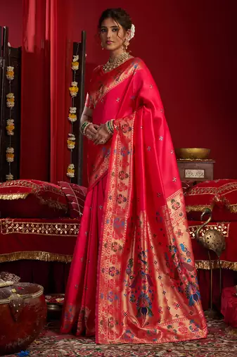 Cerise pink silk butti motifs woven work paithani saree