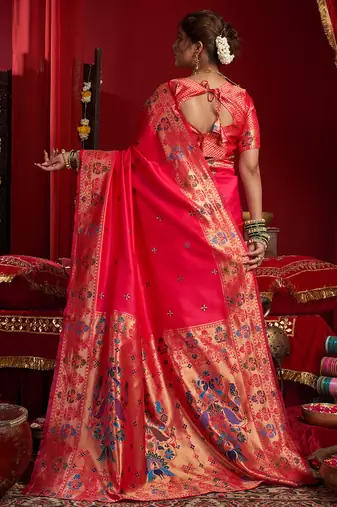 Cerise pink silk butti motifs woven work paithani saree