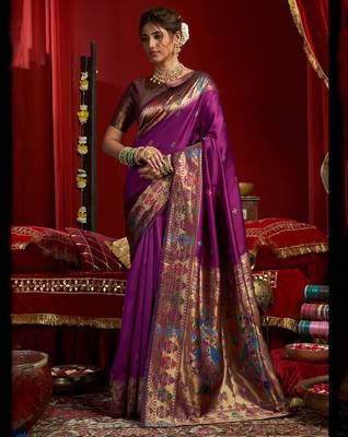 Wine silk butti motifs woven work paithani saree 1