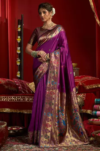 Wine silk butti motifs woven work paithani saree