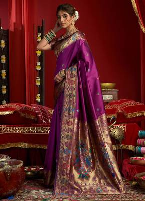 Wine silk butti motifs woven work paithani saree 2
