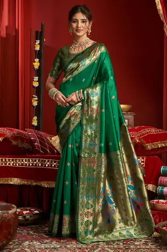Green silk butti motifs woven work paithani saree
