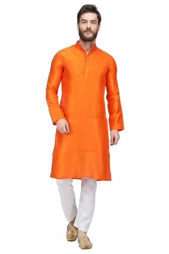 Designer men's orange color silk kurta pajama set