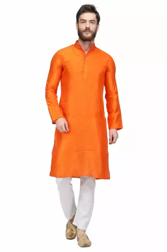 Designer men's orange color silk kurta pajama set