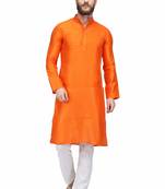 Designer men's orange color silk kurta pajama set