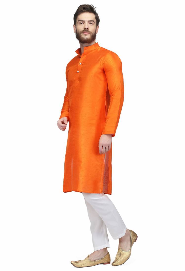 Designer men's orange color silk kurta pajama set