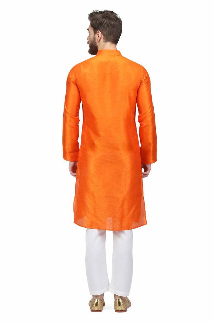 Designer men's orange color silk kurta pajama set