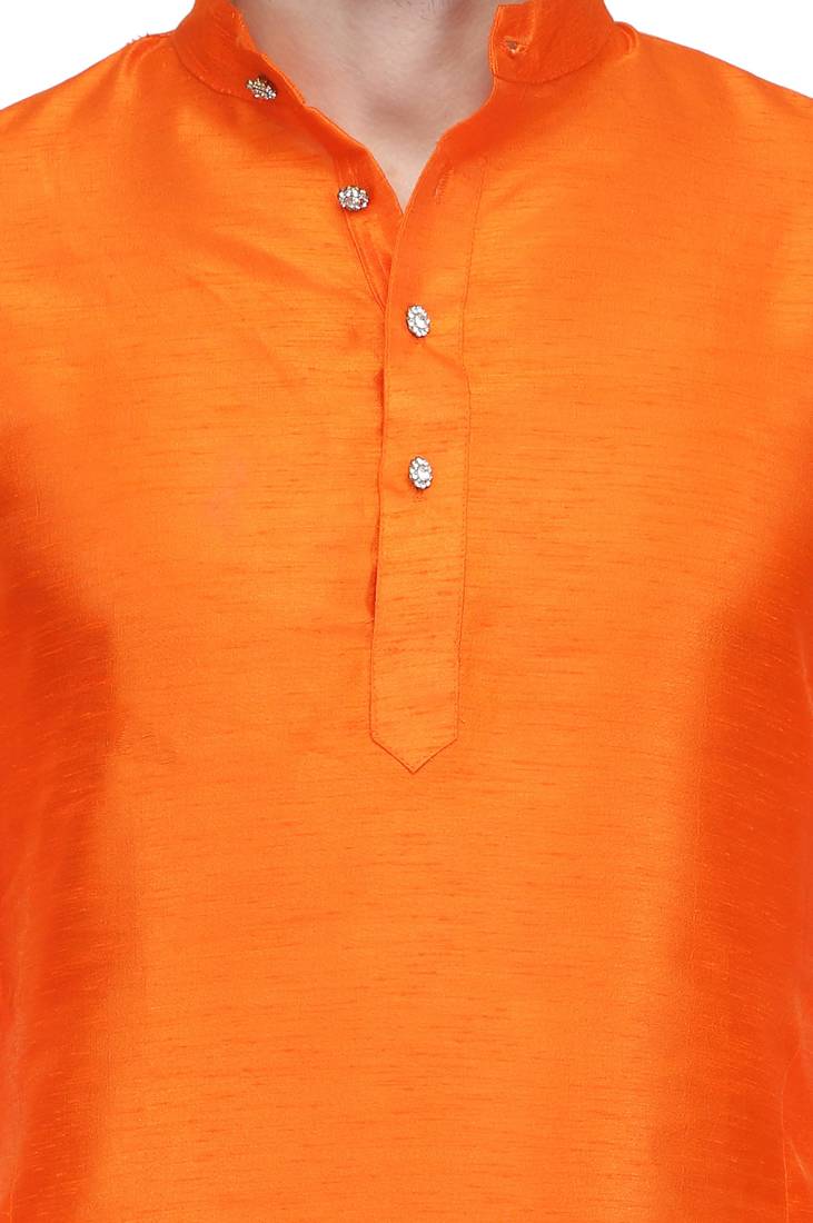 Designer men's orange color silk kurta pajama set