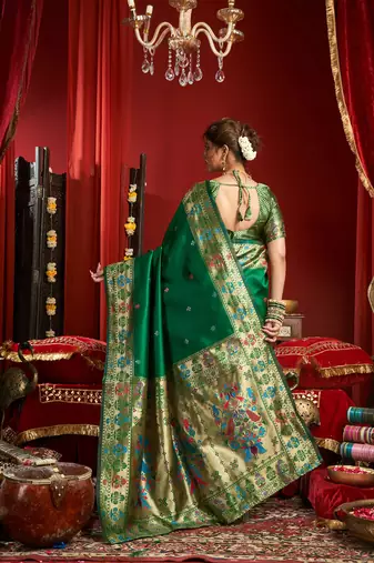 Green silk butti motifs woven work paithani saree