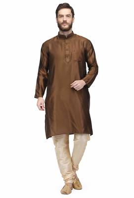 Designer men's chocolate brown silk kurta pajama set 1