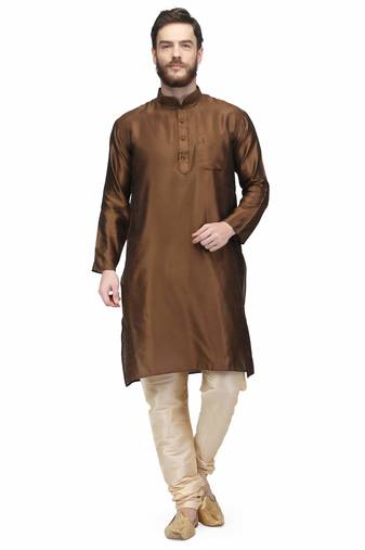 Designer men's chocolate brown silk kurta pajama set