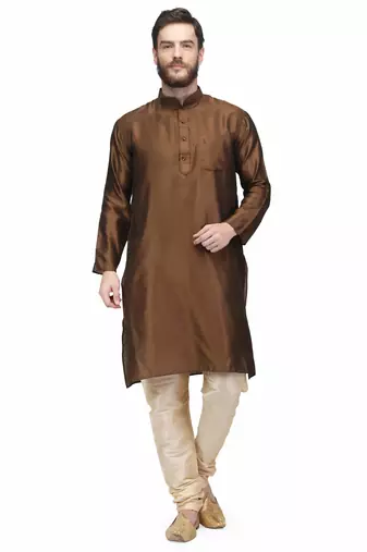 Designer men's chocolate brown silk kurta pajama set