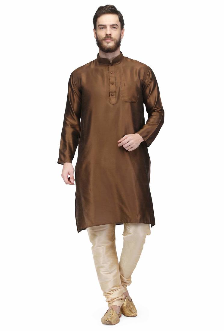 Designer men's chocolate brown silk kurta pajama set